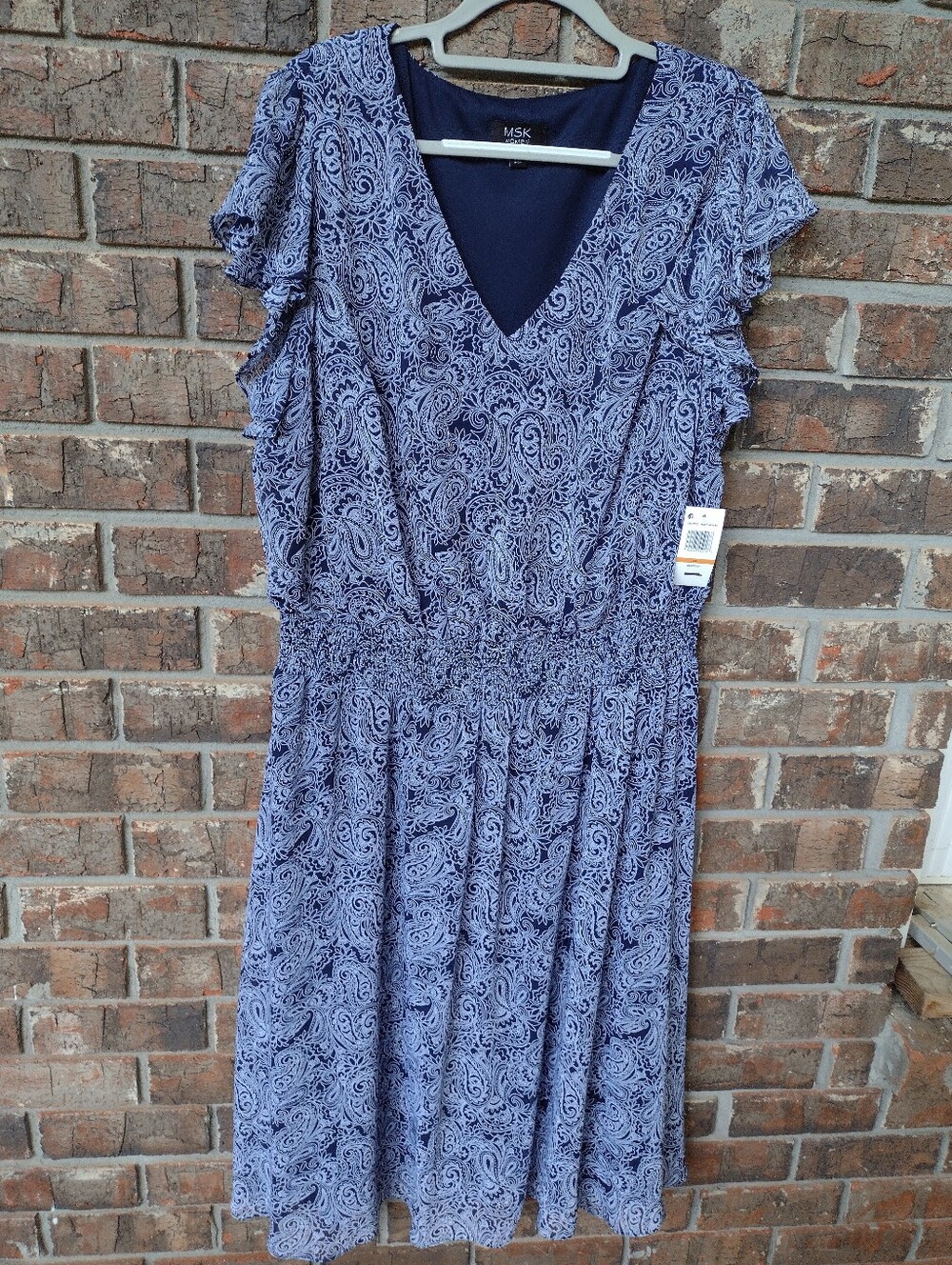 MSK Chiffon Midi Fit&Flare Dress Womens 3X Flutter Sleeve Navy White Pasley NWT